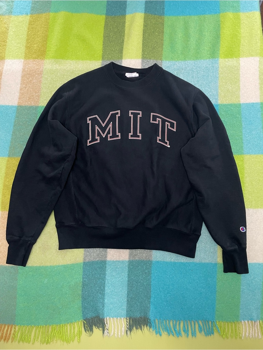 Champion Black MIT Crewneck Sweatshirt with Pink Outline Lettering